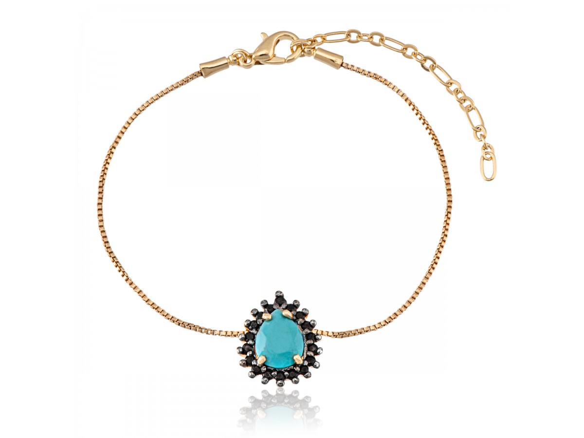 Pulseira Turquesa Natural Gota Banho de Ouro 18k